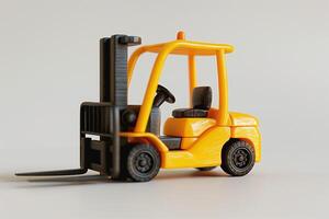A vibrant yellow toy forklift against a neutral background, highlighting its playful design and functional features. photo