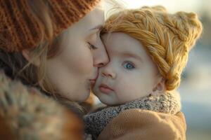 A loving mother kisses her adorable baby, both wrapped warmly in cozy attire, showcasing warmth and tenderness. photo