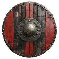 A detailed, round wooden shield with a metallic center, featuring red and black stripes, showcasing battle-worn textures. photo