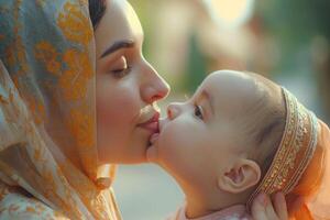 A tender moment between a mother and her baby, showcasing love and connection in a soft, warm setting. photo