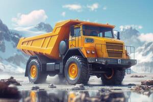 An imposing yellow dump truck stands proudly against a breathtaking mountainous backdrop. photo
