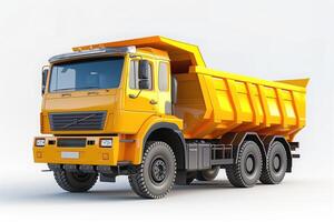 A vibrant yellow dump truck with a striking design, showcasing its sturdy build and large capacity for construction projects. photo