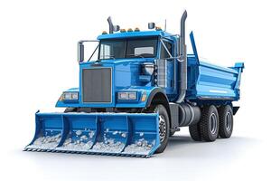 A blue snowplow truck ready for winter operations, featuring a large, front-mounted plow blade. photo