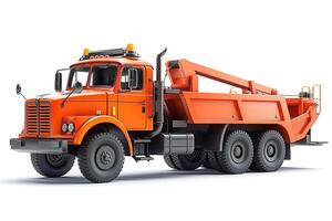 An orange heavy-duty truck equipped for construction and towing, showcasing its robust build and functionality. photo