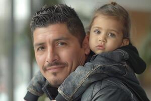A Hispanic male wearing a leather jacket carries a toddler on his back, both smiling softly in a warm, indoor setting. photo