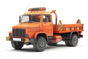 An orange utility truck with a distinctive design, featuring large tires and a flatbed for hauling cargo. photo