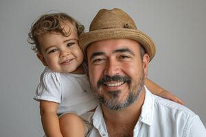 A joyful Hispanic father and his young child, both smiling brightly against a neutral backdrop. photo