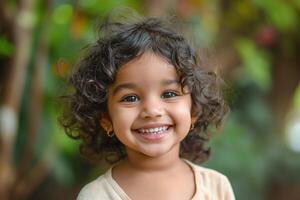 A joyful Indian girl with curly hair smiles brightly in a lush green environment. photo