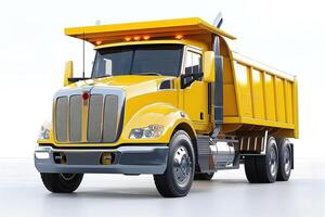 A vibrant yellow dump truck sits ready for work, showcasing its powerful build and gleaming chrome accents. photo