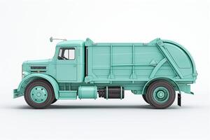 Vintage turquoise garbage truck showcasing retro design and charm. photo