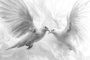 Two elegant white doves gracefully engage in a tender moment amidst a soft, ethereal background. photo