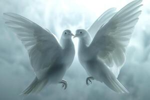 Two graceful white doves in mid-air against a soft, ethereal background, symbolizing peace and love. photo