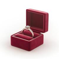 Elegant diamond engagement ring displayed in a luxurious red velvet box. photo