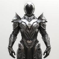 A futuristic, armored figure showcasing intricate metallic details and a sleek design, set against a neutral background. photo