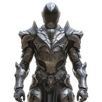 Futuristic male character in sleek, black armor, showcasing intricate design and powerful presence. photo