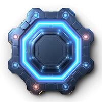 Futuristic hexagonal interface design featuring glowing blue lights and metallic texture. photo