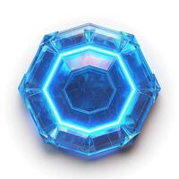 A captivating blue hexagonal crystal design with glowing edges on a white background, radiating a futuristic vibe. photo
