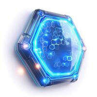 Futuristic hexagonal interface with glowing blue accents and a tech-inspired design. photo