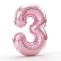 A shiny pink helium balloon shaped like the number three, perfect for celebrations. photo