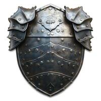 A detailed metallic shield with ornate armor features, perfect for a medieval setting. photo