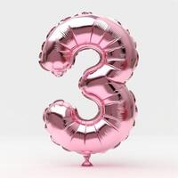 A shiny, pink foil balloon shaped like the number three, set against a plain background. photo
