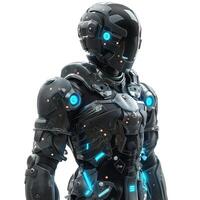 Futuristic humanoid robot with glowing blue accents and a sleek black design, exuding a sense of advanced technology. photo