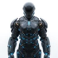 Futuristic robotic figure with sleek black armor and glowing blue accents, designed for advanced technology themes. photo