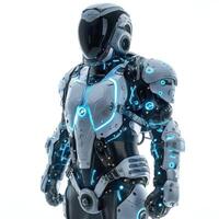 Futuristic humanoid robot with glowing blue accents, showcasing advanced technology and sleek design. photo