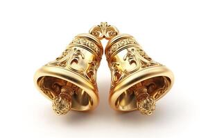 Two intricately designed golden bells with ornate details, symbolizing celebration and festivity. photo
