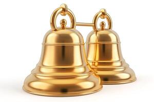 A pair of shiny, gold bells elegantly joined together, showcasing their polished surfaces and intricate details. photo