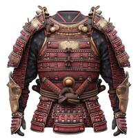 Intricate red and gold samurai armor showcasing traditional craftsmanship and design elements. photo