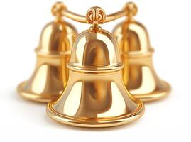 A close-up of three shiny golden bells, artistically arranged, exuding a festive mood. photo