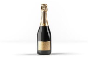 A sleek black champagne bottle with a golden foil top and a blank label, perfect for celebrations and special occasions. photo