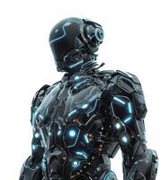 Futuristic humanoid robot with sleek armor and glowing blue accents, evoking a sense of advanced technology. photo