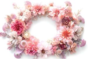 A stunning circular floral arrangement featuring various pink flowers, creating a soft and elegant aesthetic. photo