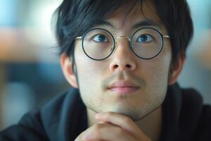A young Asian man with glasses looks thoughtfully upwards, expressing curiosity and contemplation. photo