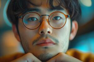 A contemplative young Asian man with glasses, showcasing a thoughtful expression in a softly lit environment. photo