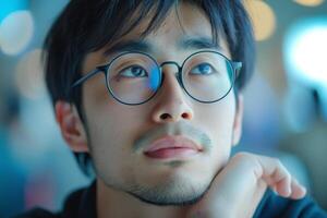A thoughtful young Asian man wearing glasses gazes upward, lost in contemplation against a softly blurred background. photo