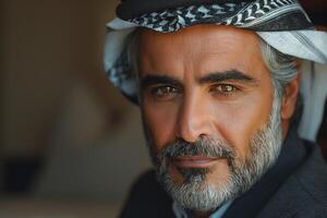 A confident Middle-Eastern man with a beard, wearing traditional attire and a headscarf, gazes thoughtfully at the camera. photo