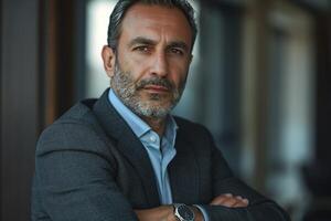 Confident Middle-Eastern man with a beard in a smart suit, exuding professionalism and self-assurance. photo