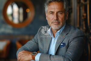 A distinguished middle-aged Caucasian man in a stylish blazer poses confidently indoors, showcasing elegance and charisma. photo