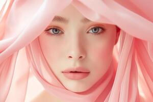 A close-up of a young Caucasian female with soft features, draped in delicate pink fabric creating an ethereal look. photo