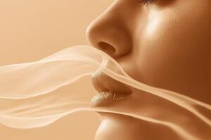 A close-up of a female model with smooth skin, soft lips, and flowing translucent fabric creating an ethereal atmosphere. photo