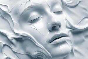 A serene, ethereal face with closed eyes emerges from a smooth, fluid white surface, conveying tranquility and calmness. photo