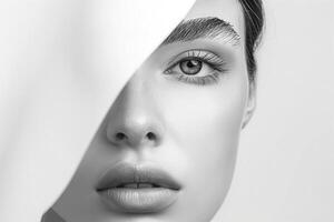A close-up of a young Caucasian woman with striking eyebrows and a soft gaze, partially hidden by a flowing fabric. photo