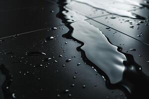 Close-up of water pooling on sleek black tiles, reflecting soft light for a modern and elegant atmosphere. photo