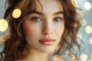 A young Caucasian woman with curly hair and captivating blue eyes, softly illuminated by warm bokeh lights. photo