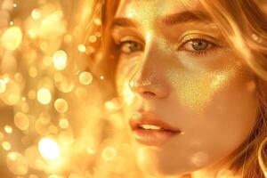 A close-up of a young Caucasian woman adorned with golden glitter and glowing skin, captured in a radiant, dreamy atmosphere. photo