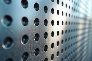 Abstract close-up of a perforated metal surface with a shiny finish, creating a modern industrial feel. photo