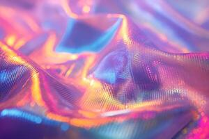 Close-up of shimmering iridescent fabric, reflecting rainbow colors in soft waves. photo